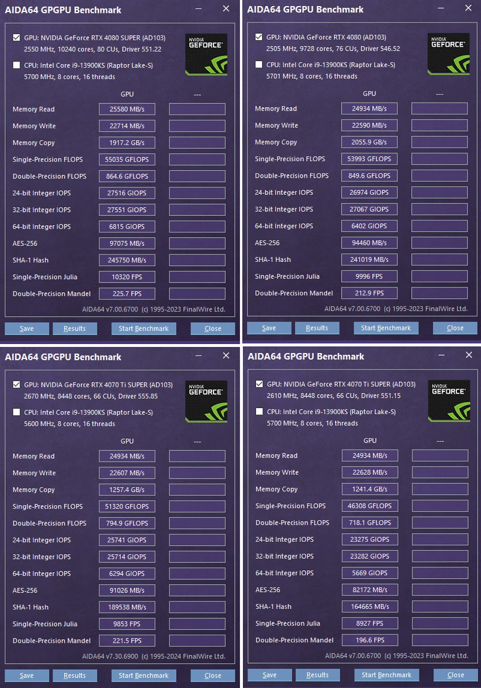 Oben: RTX 4080 Super und RTX 4080<br>Unten: RTX 4070 TiS OC und RTX 4070 TiS