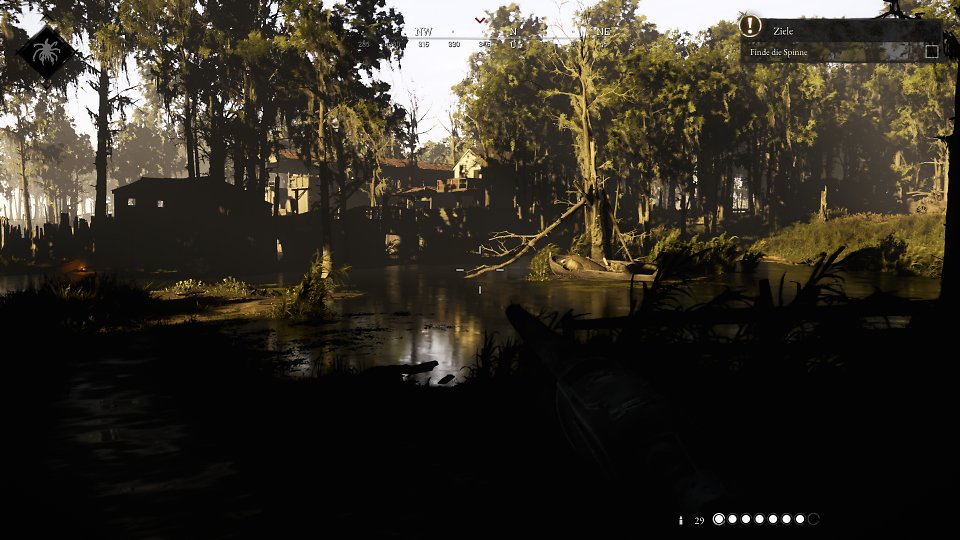 Grafikfehler mit unseren alten Radeons und AMD-Legacy-Driver: Hier sehen Sie, wie das Spiel ohne SVOTI-Bounce-Light, ohne indirektes Licht, aussehen würde. Nur das direkte Sonnenlicht erhellt das Unterholz, nicht aber die von diesem abgegebenen indirekten Licht. Im Schatten der Bäume tappen wir in Stockfinsternis.