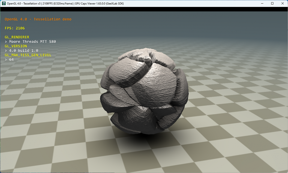 Der MTT-Treiber beherrscht seit einem Jahr DirectX 11. Seit Kurzem auch Tessellation - neuerdings auch unter OpenGL (im Bild zu sehen). Damit ist das Ende der Fahnenstange erreicht.