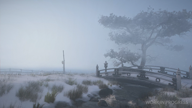 Im Winter bildet sich dynamischer Schnee, Stürme lassen Schneeflocken wild umher tanzen. Die für den Wind, Partikel und Vegetation genutzte Fluid Simulation wirkt sich aber auch auf einige Objekte aus, wie etwa die Laterne.