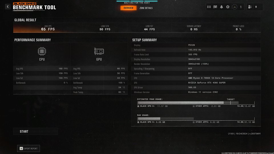 Ergebnis des integrierten MP-Benches mit RTX 4080S (4K native); kurios: Bei der Game-Pass-Version fehlte diese Zusammenfassung. Obendrein war die DLSS-Frame-Generation bei der Game-Pass-Version nicht aufzufinden. Die 'normale' Version, die wir seit dem 25.10 starten können, sind dagegen beide vorhanden.