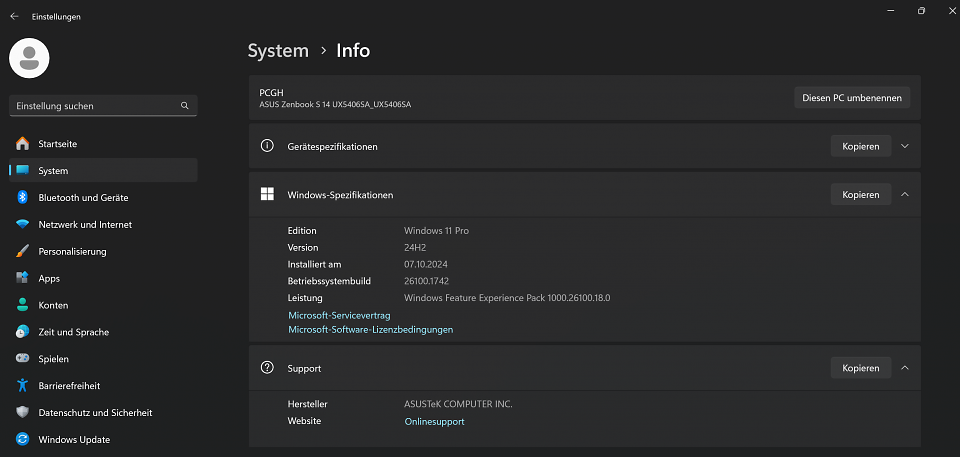Ihre Windows-Version sehen Sie unter Einstellungen - System (hier: Windows 11 Version 24H2)