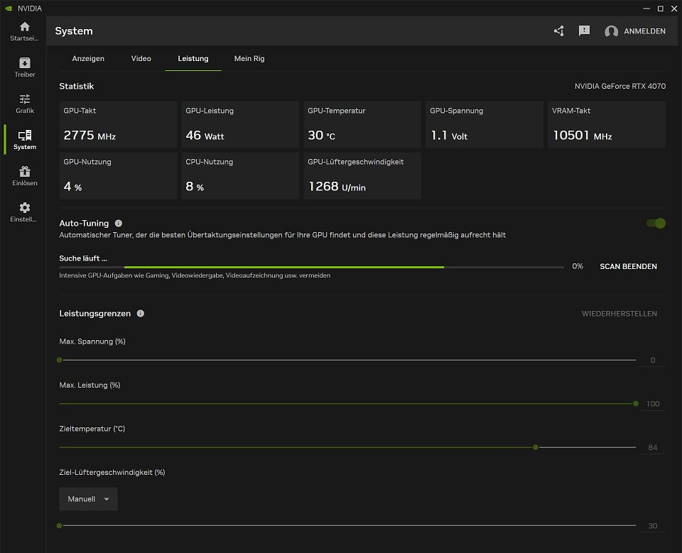 Im Praxistest mit einer Gainward Ghost Geforce RTX 4070 (Non-Super) spuckt die Nvidia App nach ca. 20 Minuten ein automatisches Übertaktungsprofil von +94 MHz beim GPU-Takt und +200 MHz beim Videospeicher aus. Über Drittprogramme wie den MSI Afterburner sind über ein eigenes, feineres Tuning mehr Performance-Gewinne zu erwarten.