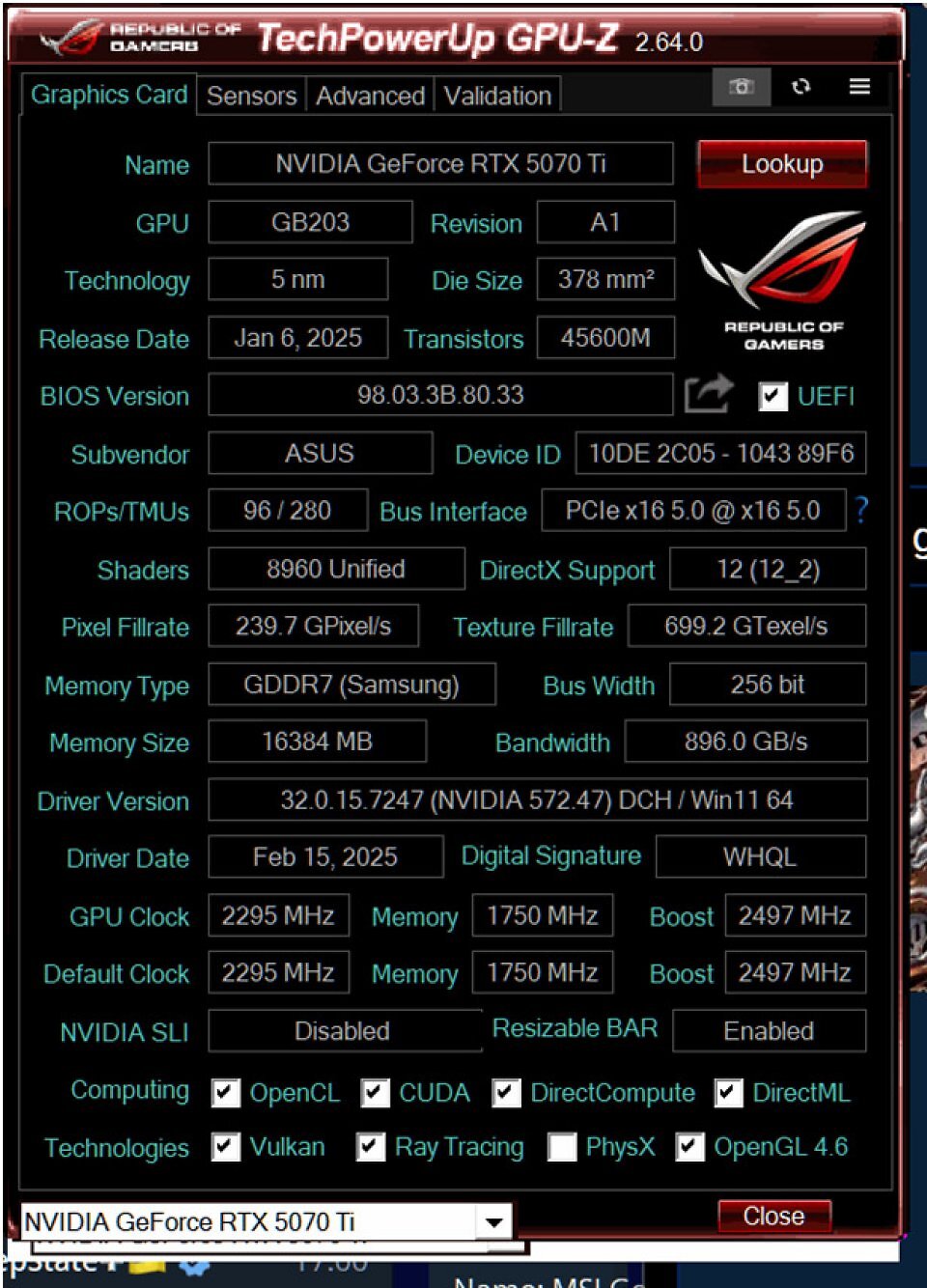 GPU-Z zeigt die technischen Eckdaten der getesteten Asus RTX 5070 Ti Prime OC: Der GB203-Chip taktet im P-BIOS mit 2.527 MHz Boost-Takt.