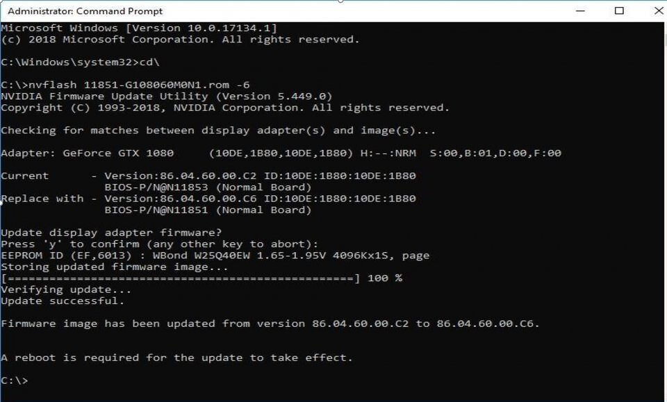 Erfolgreicher BIOS-Flash per NVFlash: Die Firmware eines GTX-1080-Modells wurde von Version 86.04.600.C2 auf 86.04.60.00. C6 aktualisiert. Nach dem Schreibvorgang ist ein Neustart erforderlich, damit die Änderungen wirksam werden