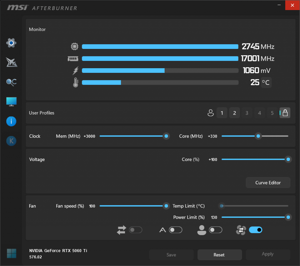 Geforce RTX 5060 Ti 16GB MAX-OC: Unsere Settings basieren nicht auf einer handgeschnitzten Voltage/Frequency Curve, sondern simplen, wenngleich stolzen Offsets (inkl. <a href='forums.guru3d.com/threads/msi-afterburner-4-6-6-beta-5-for-nvidia-geforce-rtx-5000-series-cards.455155/#post-6311306:~:text=Small%20trick%20for,archive%20you%20downloaded.'>erweiterter RAM-Range</a>)