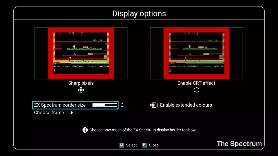 Im Menü<strong> </strong>'Anzeigenoptionen' entscheiden Sie, ob Sie lieber scharfe Pixel oder die Optik eines CRT-Monitors beim Zocken wünschen (Simulierte Scanlines). Bei letzterer werden die Ecken der Pixel leicht abgerundet dargestellt.