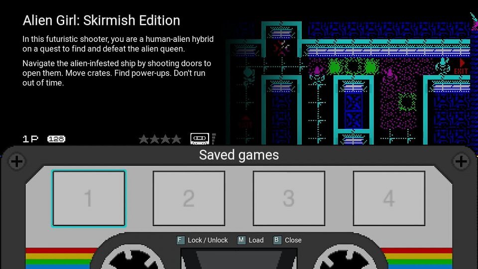 Speicherprobleme wie früher am Heimcomputer oder der 16-Bit-Spielekonsole gibt es bei der technisch überarbeiteten Neuauflage des ZX Spectrum 48/128K nicht. Pro Spiel können Sie bis zu vier Speicherstände anlegen. Eine Rückspulfunktion ist auch vorhanden.