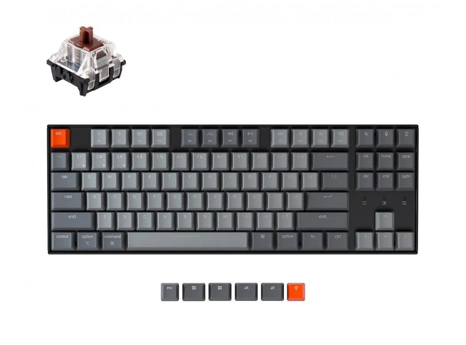 Die Keychron K8 ist eine Custom-Gaming-Tastatur, die mit einer Hot-Swap-Platine bestückt ist, die optische Schalter aufnimmt. Die Auswahl ist allerdings auf den Gateron Optical Switch V2 und den Keychron Optical Switch beschränkt. Mechanische MX-Schalter können Sie generell nicht verwenden.