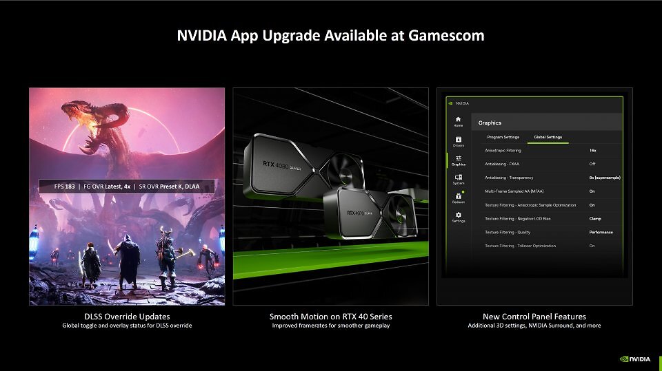 Die Nvidia App wird zur Gamescom ebenfalls ein Update erhalten. Zu den interessantesten Features zählt der neu hinzugekommene Smooth-Motion-Support für RTX-4000er-Modelle. Die Smooth Motion ist die im Treiber zuschaltbare Frame Generation, die Sie in prinzipiell jedem Spiel nutzen können. Bislang Blackwell-exklusiv wird der Support nun auch auf Ada Lovelace ausgedehnt.