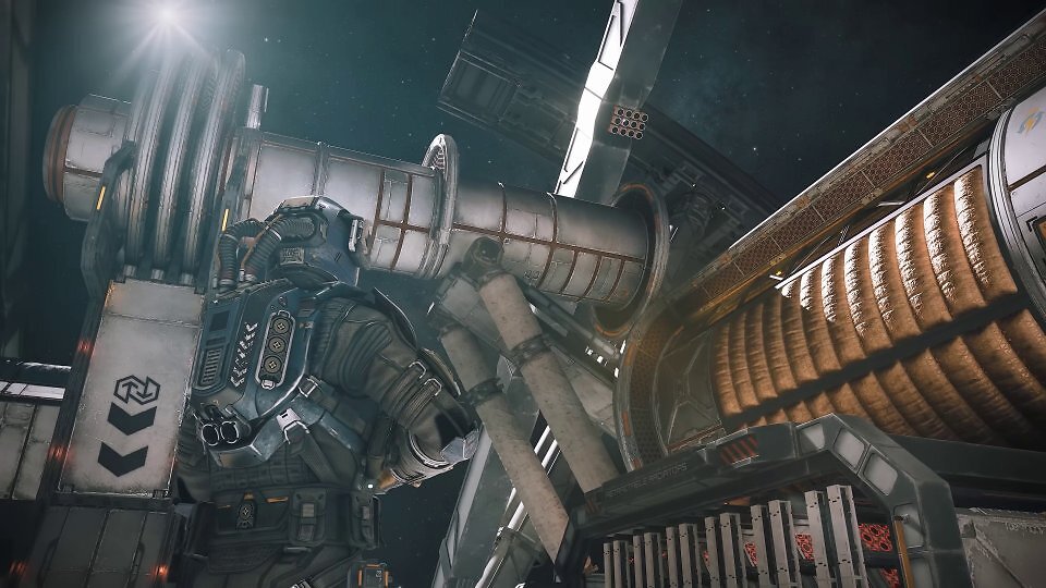 Bei Weltraumspatziergängen und je nach Umstand kommen unterschiedliche Movesets, Audio-Abmischungen und Physik-Simulationen zum Einsatz. Hier sehen Sie die Außenseite der Pinkwater-Station. Im Hintergrund: Das von-Braun-Wheel, welches durch Rotation künstliche Schwerkraft erzeugt.