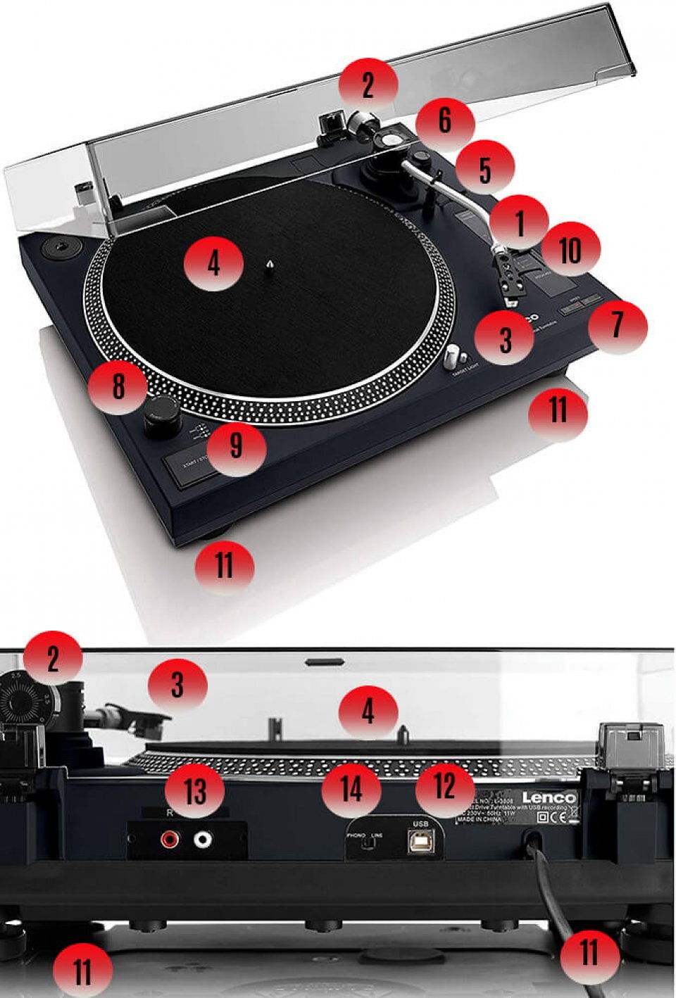 Ausstattungsmerkmale und Anschlüsse des <a href='www.amazon.de/Lenco-L-3808-Plattenspieler-Direktantrieb-Schwarz/dp/B07MQ7GSW2?__mk_de_DE=%C3%85M%C3%85%C5%BD%C3%95%C3%91&amp;crid=2S9N7VD15A4I5&amp;keywords=Lenco%2BL-3808&amp;qid=1675253366&amp;sprefix=lenco%2Bl-3808%2Caps%2C121&amp;sr=8-1-spons&amp;sp_csd=d2lkZ2V0TmFtZT1zcF9hdGY&amp;th=1&amp;linkCode=ll1&amp;tag=sftmagdiglifu-21&amp;linkId=f34d4bc970ca7553664798bc2a1f992b&amp;language=de_DE&amp;ref_=as_li_ss_tl'>Lenco L-3808</a>