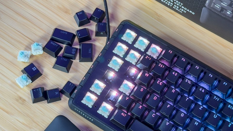 Das ist nachhaltig: Dank Hot-Swap-Platine kann ich defekte Schalter austauschen. Es wäre wünschenswert, wenn Corsair das Hall-Effekt-Schaltersortiment noch erweitert.