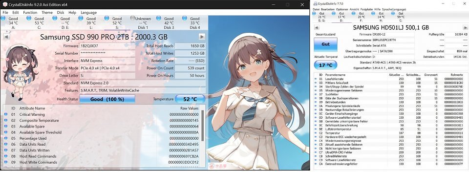 Die von der SMART-Technologie zur Überwachung der Festplatte erstellten Daten lassen sich mit dem Gratis-Tool CrystalDiskInfo (links: Aoi Edition, rechts reguläre Version) auslesen. Zusätzlich zeigt die Software die Arbeitsstunden, Schnittstellen, die Temperatur und die Firmware der Festplatte an.