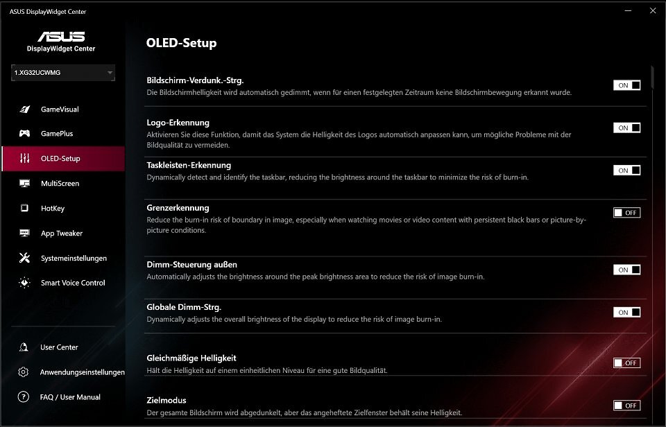 Falls Ihnen die Bedienung via OSD trotz gut zu navigierender Oberfläche zu umständlich ist, können Sie die Software Asus Display Widget Center nutzen. Hier können Sie alle Einstellungen, Farbabstimmungen sowie die OLED-Schutzfunktionen bequem mit der Maus konfigurieren.