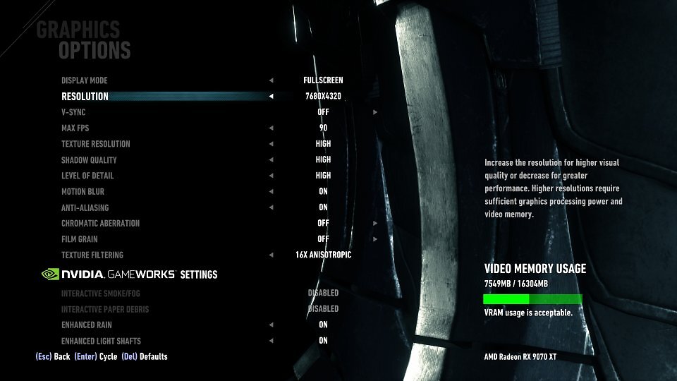 Die Settings sind so gewählt, dass sie auf allen Grafikkarten funktionieren und nicht mit der Nachschärfung interferieren - Farbverschiebung und Filmkorn müssen weichen.