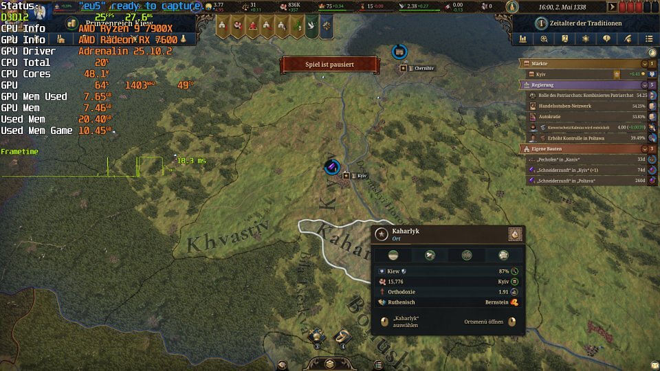 Europa Universalis 5 mit RX 7600/8G: Speicher voll, starker Slowdown bei Zoom (siehe Frametimes)