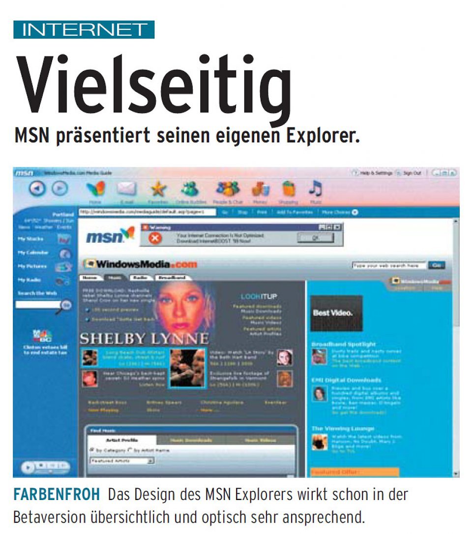 MSN Explorer im Jahr 2000: farbenfrohes Design, integrierte Mediafunktionen und Symbolleisten im Überfluss.