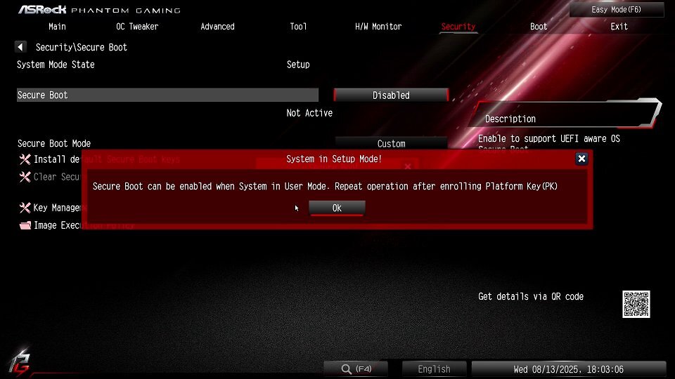 Im Custom-Modus lässt sich Secure Boot nicht aktivieren, solange kein Platform Key (PK) hinterlegt ist.