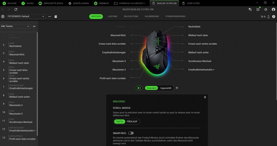 Razers Synapse-4-Software ermöglicht es Ihnen, jede Taste einzeln mit Funktionen zu belegen. Dank der Hypershift-Funktion ist sogar die Doppelbelegung möglich.
