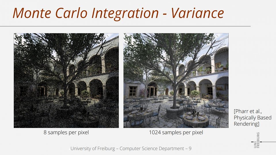 Beispiel einer Monte-Carlo-Integration. Selbst mit über 1.000 Samples pro Pixel - was sich mit heutiger Hardware nicht flüssig in angemessenen Auflösungen in Echtzeit berechnen lässt - ist das Raytracing stark Noise-behaftet. In Raytracing-Applikationen werden daher nur sehr wenige Strahlen pro Pixel verschossen, diese darauf temporal verrechnet.<br><br>Bislang kommt für Letzteres im Regelfall das TAA des Spiels zum Einsatz. Mit Nvidias Ray Reconstruction und AMDs Ray Regeneration stehen indes zwei KI-unterstützte, proprietäre Verfahren zur Verfügung; allerdings nur auf bestimmten Geforce- respektive Radeon-Modellen.