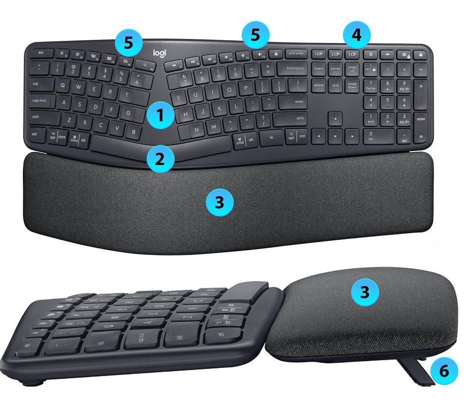 Logitechs K860 hat alles, was man von einer empfehlenswerten Tastatur mit einer stark optimierten Ergonomie erwartet. Die Tasten sind sichtbar zweigeteilt, Gehäuse und Tastenfeld sind konvex gewölbt und die Höhenverstellung ist vorn angebracht.