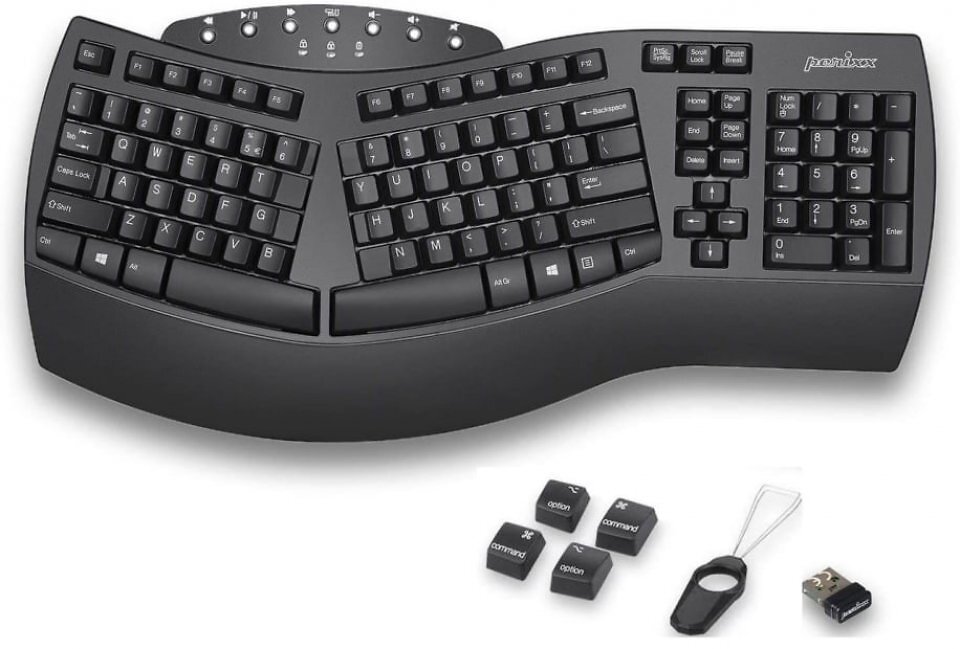 Das drahtlose (2,4 GHz und Bluetooth) <a href='www.amazon.de/Perixx-PERIBOARD-612-Ergonomische-Tastenfeld-Kompatibel/dp/B07YN2G4GY?__mk_de_DE=%C3%85M%C3%85%C5%BD%C3%95%C3%91&amp;crid=1GC5QM88H6FSL&amp;dib=eyJ2IjoiMSJ9.M9Mk5dUGRw9hGvLxLLR2rbDJwlGAOp11D2BB6aeJz16wPUI61ROgao4ruULDV_py7VPjjNl1iXbJUmYfaUVw5eRUqNptj8L18sfZ31BYyM03OvAthnekJ7TePXedY7vnm6n7C6PDKQxXoxFUh1WEjkD4yj8I0owa0zEG6nxw3s66R_wjepXfnWKQ1DMJ3fBtlQgr812rdnAYzm_cC3pcDny1bJW4ZNUIkzQDH3WPAj5IYUWuNCnh0EIrI1GC9BgDrNKqpBfsSsl8XBsPuFNcav3ZK4oP2EmXXJz26rAG6nE.UdJLcSHQ7qlpILRdYOckzhA3eOxpayuglkebpdaQOkk&amp;dib_tag=se&amp;keywords=Periboard%2B612&amp;qid=1765984224&amp;s=ce-de&amp;sprefix=periboard%2B612%2Celectronics%2C67&amp;sr=1-2&amp;th=1&amp;linkCode=ll1&amp;tag=sftmagdiglifu-21&amp;linkId=4ae06766a98f458882a169c4dfa1bc15&amp;language=de_DE&amp;ref_=as_li_ss_tl'>Perixboard-612</a> ist mit einem Umschalter ausgestattet. Der ermöglicht den Wechsel des Tastenlayouts von Windows auf Mac OS X. Die passenden Tastenkappen mit dem aufgedruckten Mac-OS-X-Funktionssymbol (Command/Option) gehören zum Lieferumfang.