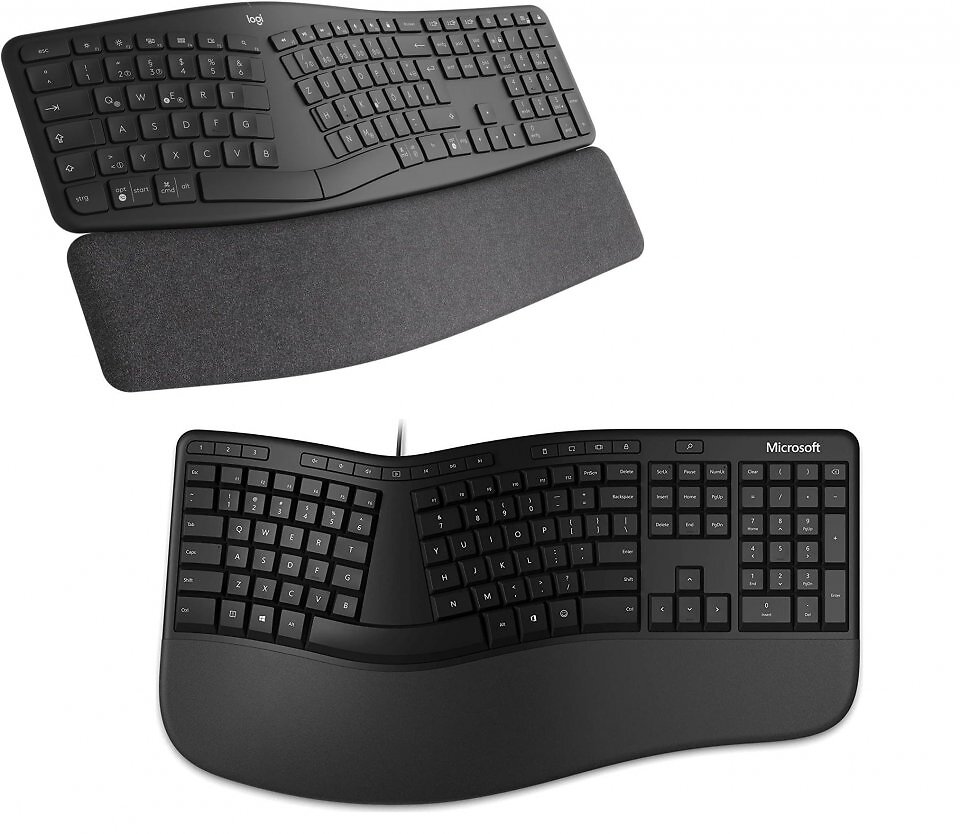 Sowohl die Logitech Ergo K860 (oben) als auch Microsofts ergonomische Tastatur (unten) verfügen über alle Merkmale einer ergonomischen Tastatur.