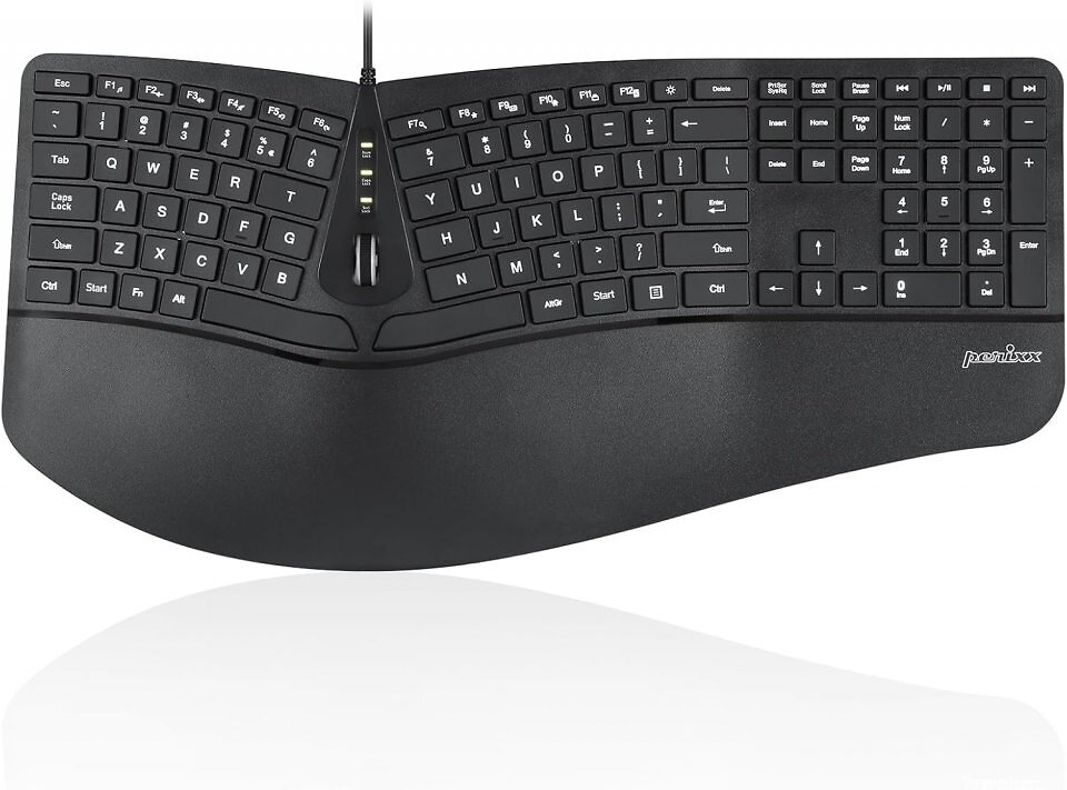 Das Periboard-330B von Perixx ist eine ergonomische Tastatur, deren Zusatzausstattung aus zwei USB-Hubs und einem 4-Wege-Scrollrad besteht. Letzteres ermöglicht müheloses Scrollen in alle Richtungen.