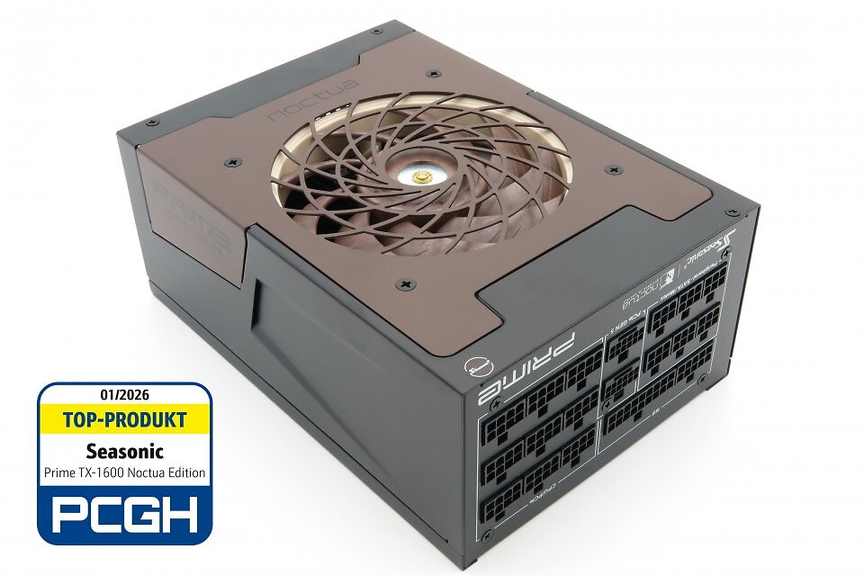 Zu sehen: Seasonic Prime TX-1600 Noctua Edition (SSR-1600TR2 NE, 80 Plus Titanium). <strong>Getestet in </strong><a href='www.pcgameshardware.de/Netzteil-Hardware-219902/Specials/High-End-Netzteile-ab-1200-bis-1650-Watt-im-Test-Teil-1-1488161/'><strong>Ausgabe 01/2026.</strong></a>