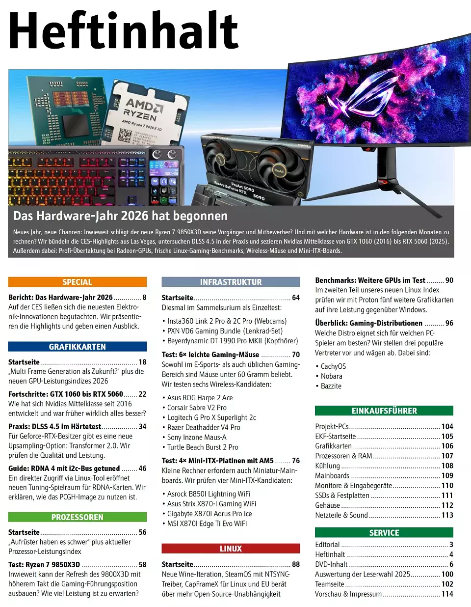 In unserem <strong>Inhaltsverzeichnis </strong>sind wie immer alle größeren Themen und Artikel unseres Hefts übersichtlich aufgelistet.<br><br><strong>Das Hardware-Jahr 2026 hat begonnen:</strong> Neues Jahr, neue Chancen. Inwieweit schlägt der neue Ryzen 7 9850X3D seine Vorgänger und Mitbewerber? Und mit welcher Hardware ist in den folgenden Monaten zu rechnen? Wir bündeln die CES-Highlights aus Las Vegas, untersuchen DLSS 4.5 in der Praxis und sezieren Nvidias Mittelklasse von GTX 1060 (2016) bis RTX 5060 (2025). Außerdem dabei: Profi-Übertaktung bei Radeon-GPUs, frische Linux-Gaming-Benchmarks, Wireless-Mäuse und Mini-ITX-Boards.