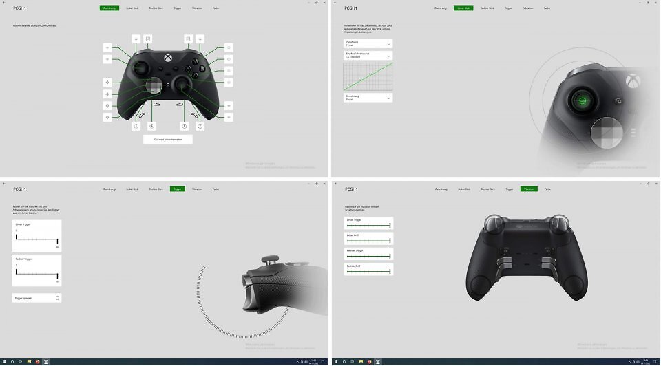 Microsoft-Xbox-Zubehör-App mit den Optionen 'Zuordnung', 'Linker Stick', 'Trigger', 'Vibration'.
