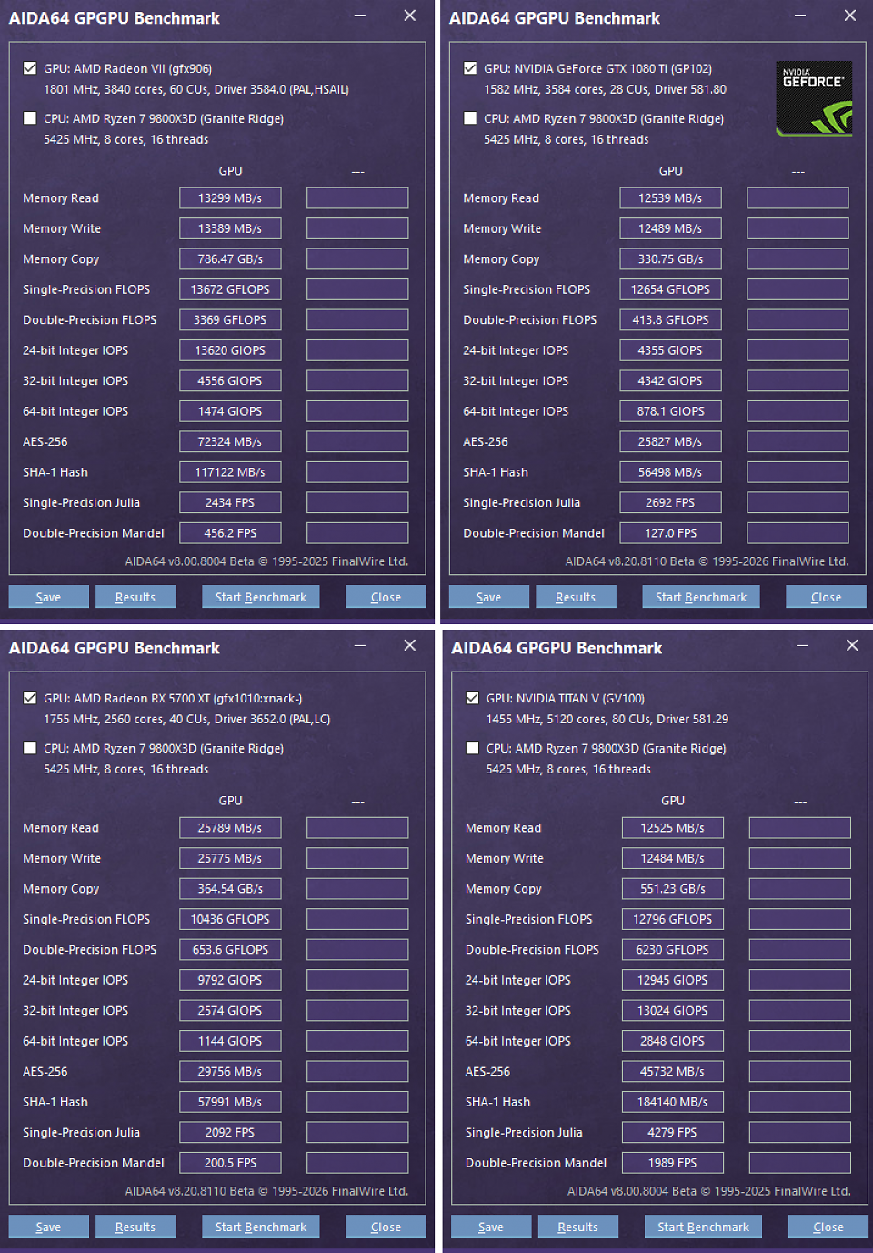 AIDA64 GPGPU Benchmark: Radeon VII vs. GTX 1080 Ti vs. RX 5700 XT vs. Titan V