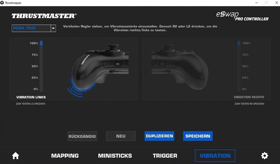 Mithilfe der Vibrationsfunktion vermittelt das Gamepad ein haptisches Feedback und verbessert so das Spielerlebnis enorm. Beim Thrustmaster eSwap Pro können Sie etwa in der Software die Vibrationsstärke selbst festlegen.