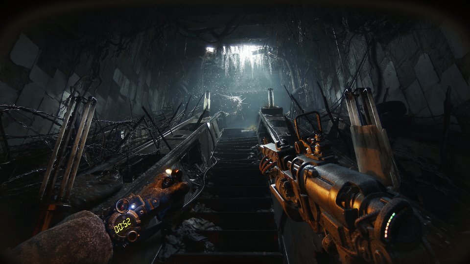 Metro 2039: offizieller 4K-Screenshot: 'Tunnels'&nbsp;<br><br>Eine Szene aus dem Gameplay-Teaser. Im Hintergrund: eines der neuen, an einen mutierten Nacktmull erinnerndes Monster.