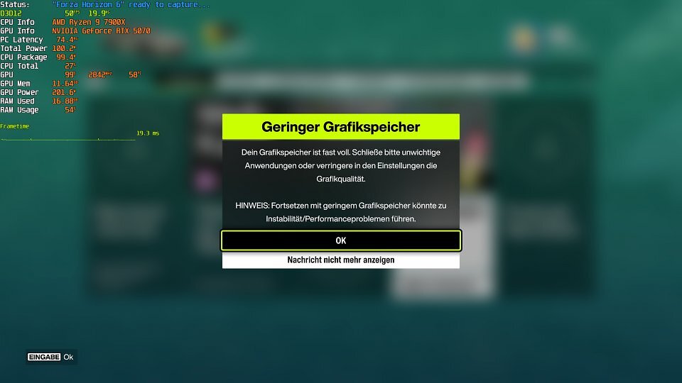 Nicht der Reifen ist geplatzt, sondern der 12-GiByte-VRAM der RTX 5070 bei WQHD und der Voreinstellung +RT Extrem. Einige wenige Handgriffe lösen die speicherbedingte Performance-Bremse.