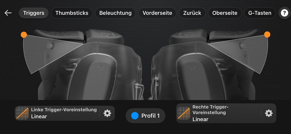 Die Empfindlichkeit der Trigger und Thumbsticks lässt sich mit fünf Voreinstellungen und minimalem/maximalem Totpunkt bis zu 0 Prozent sehr fein einstellen.
