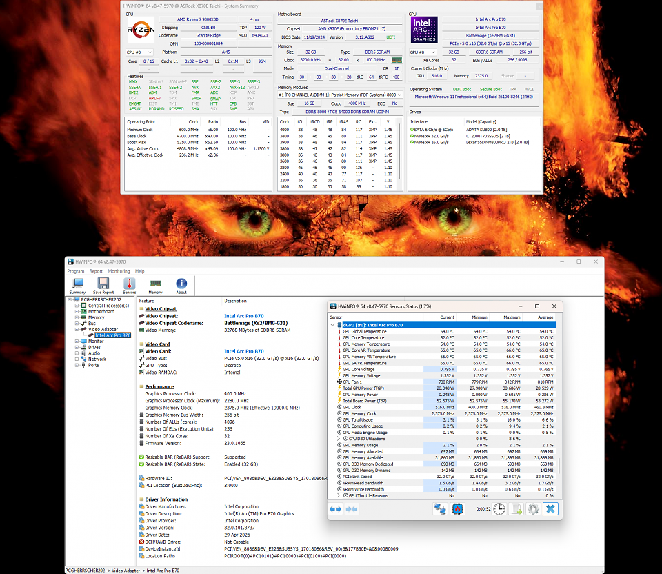 Intel Arc Pro B70 mit BMG-G31-GPU im Test: Hardware-Übersicht (Hwinfo)