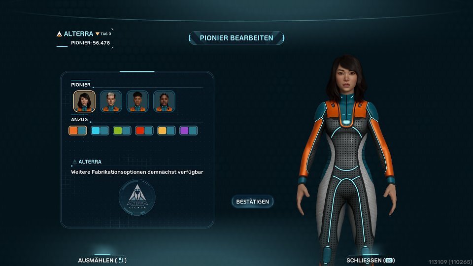 Die Charaktererstellung ist im Early Access noch wirklich überschaubar: Zur Wahl stehen vier 'Pioniere' und eine Hand voll Anzugfarben.