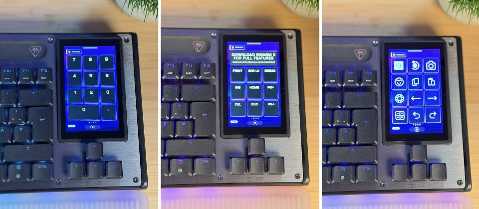 Der Touchscreen ist mehr als ein edler Ersatz für die neun fehlenden Mittelblocktasten. Sie wählen damit auch Profile, erstellen oder lösen Makros aus, überwachen Systemstatistiken und steuern Audio oder Apps wie Discord, OBS oder Streamlabs.