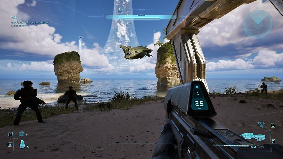 Wir nutzen für unsere ersten Hands-on-Benchmarks eine Szene aus der vierten Mission. Nachdem wir die ersten Gegnerwellen besiegt haben, fahren wir mit dem Warthog am lauschigen Strand entlang. Die Szene liegt bezüglich Last im oberen Mittel, ist jedoch ausdrücklich kein Worst-Case-Benchmark.
