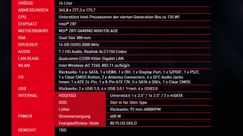 MSI Nightblade: Spezifikationen des Barebone-Systems
