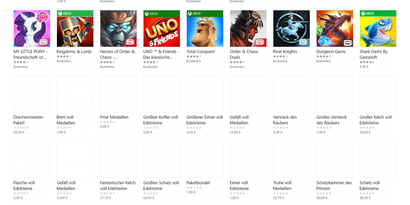 Tatsächliche App-Kosten: Bug im Windows-10-Store zeigt mögliche In-App-Käufe (im Bild Gameloft-Seite)