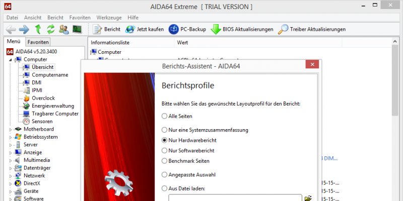 Über die Schaltfläche "Bericht" lässt sich ein Assistent starten, mit dem alle wichtigen (und weniger wichtigen) Systeminformationen gesichert werden können. Im nächsten Schritt können Sie zwischen Text- und HTML-Darstellung wählen und anschließend den Bericht abspeichern.
