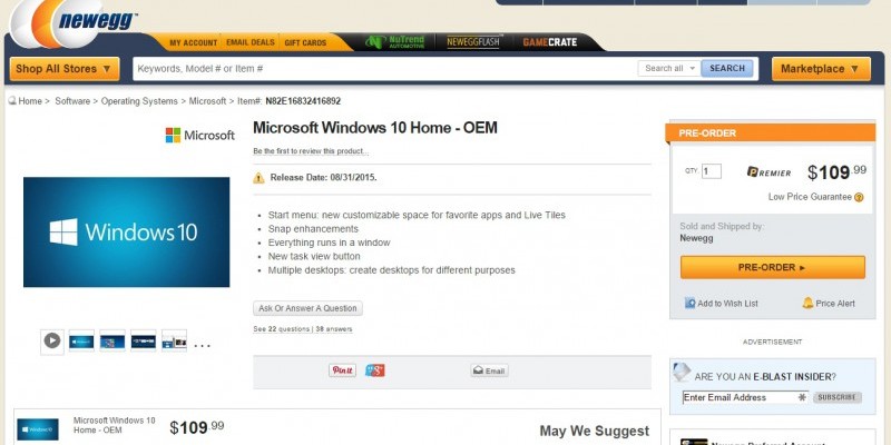 Windows 10 erscheint laut Newegg am 31. August 2015.