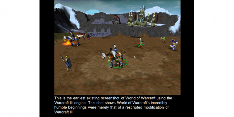 "Dies ist einer der ältesten noch existenten Screenshots von World of Warcraft auf Basis der Warcraft 3-Engine. Dieses Bild zeigt World of Warcrafts unglaublich bescheidenen Anfänge, die nicht viel mehr als eine leicht umgescriptete Fassung von Warcraft 3 war."