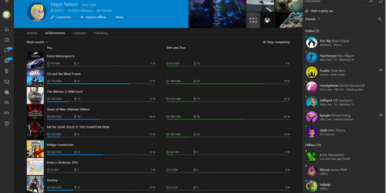 Die neue Xbox-App ermöglicht Vergleiche beim Spielfortschritt.