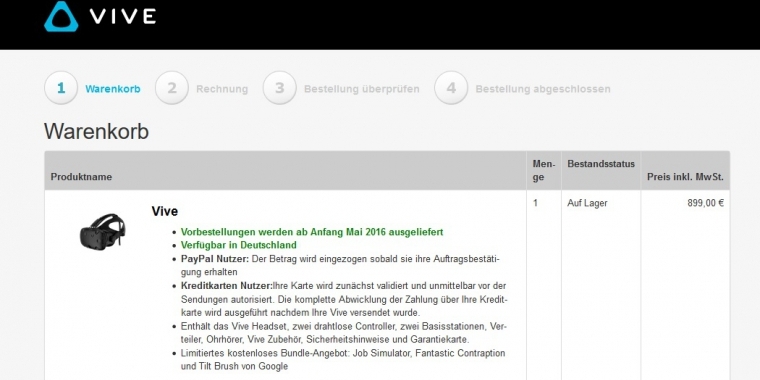 Inzwischen wird das HTC Vive bei neuen Bestellungen erst im Mai 2016 ausgeliefert.
