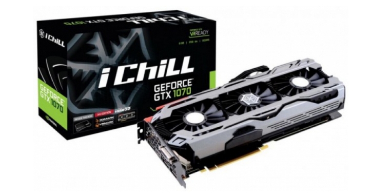 Die Inno3D GTX 1070 iChill X4 kommt mit eigener PCB, einem eigenen Kühlsystem und vermutlich Übertaktung ab Werk. Die X4-Variante verfügt außerdem um einen vierten Lüfter.