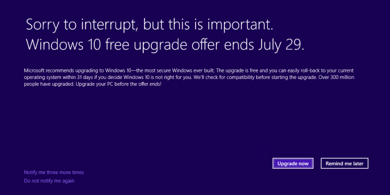 Windows 10-Upgrade Vollbild Benachrichtigung